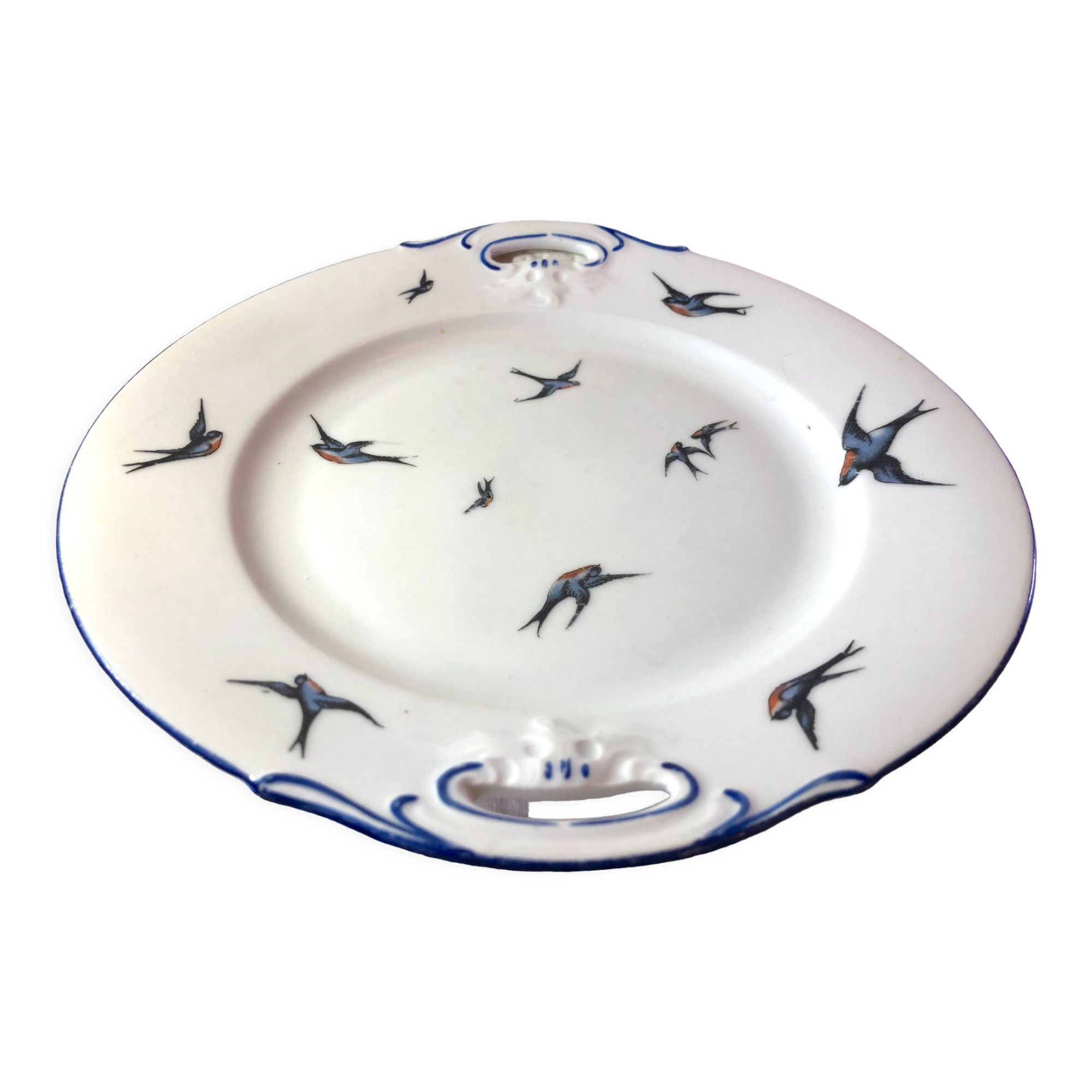 Cake plate decorated blue swallows
