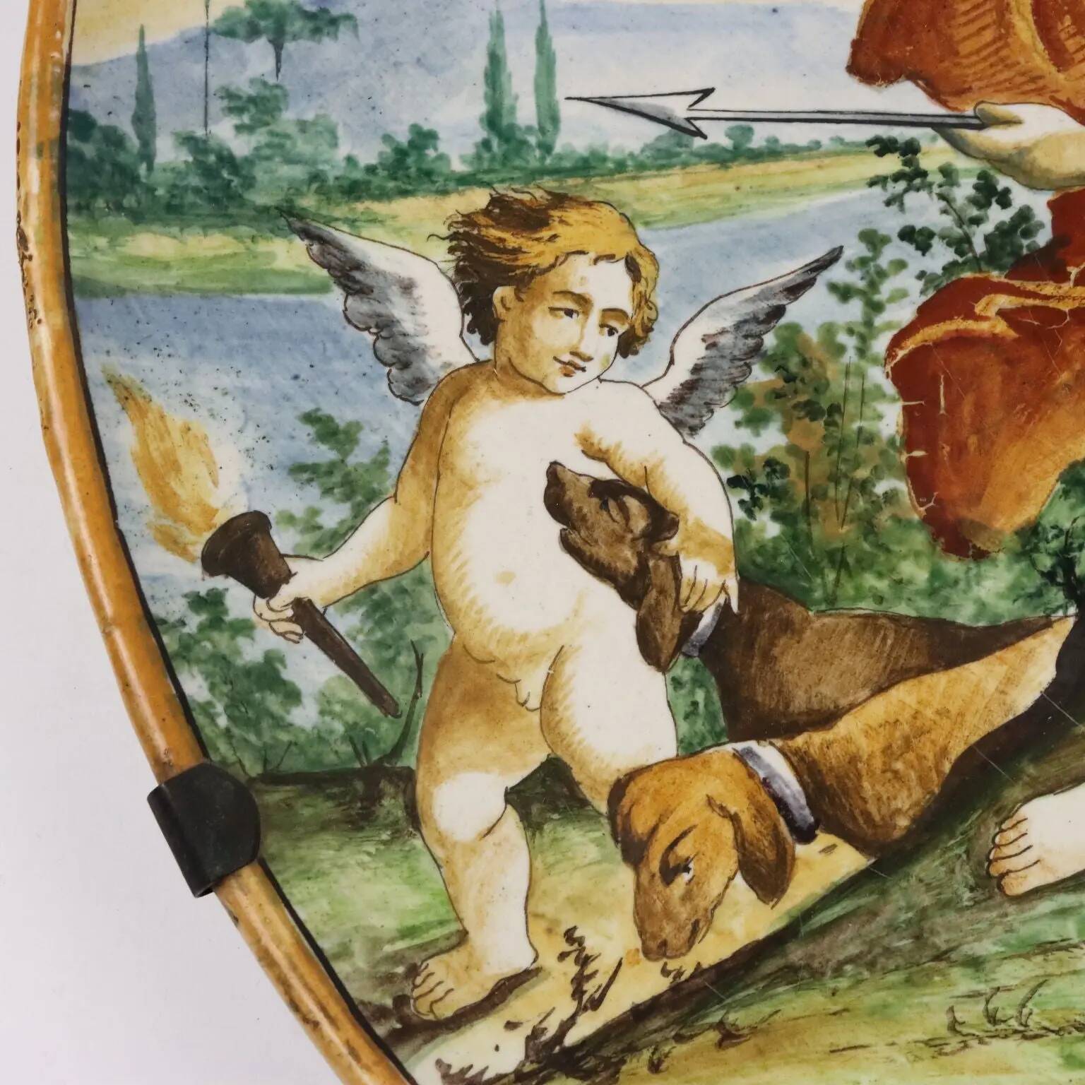 Antique display plate with a mythological subject in majolica, Italy, 19th century.