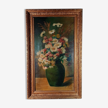 Nature morte bouquet marguerites dans un vase huile sur toile vers 1900 80x49 cm