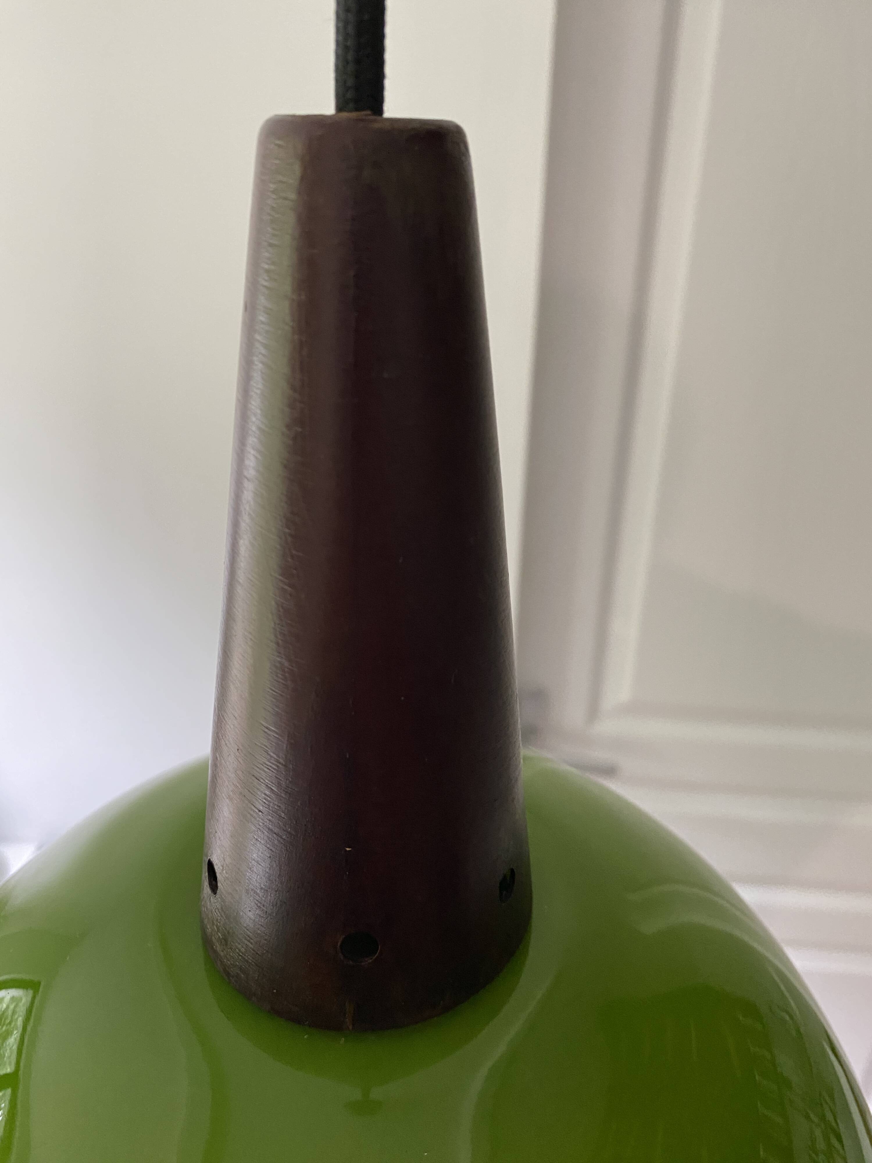 Vintage half globe pendant light in green opaline, imitation teak elements, 50s/60s