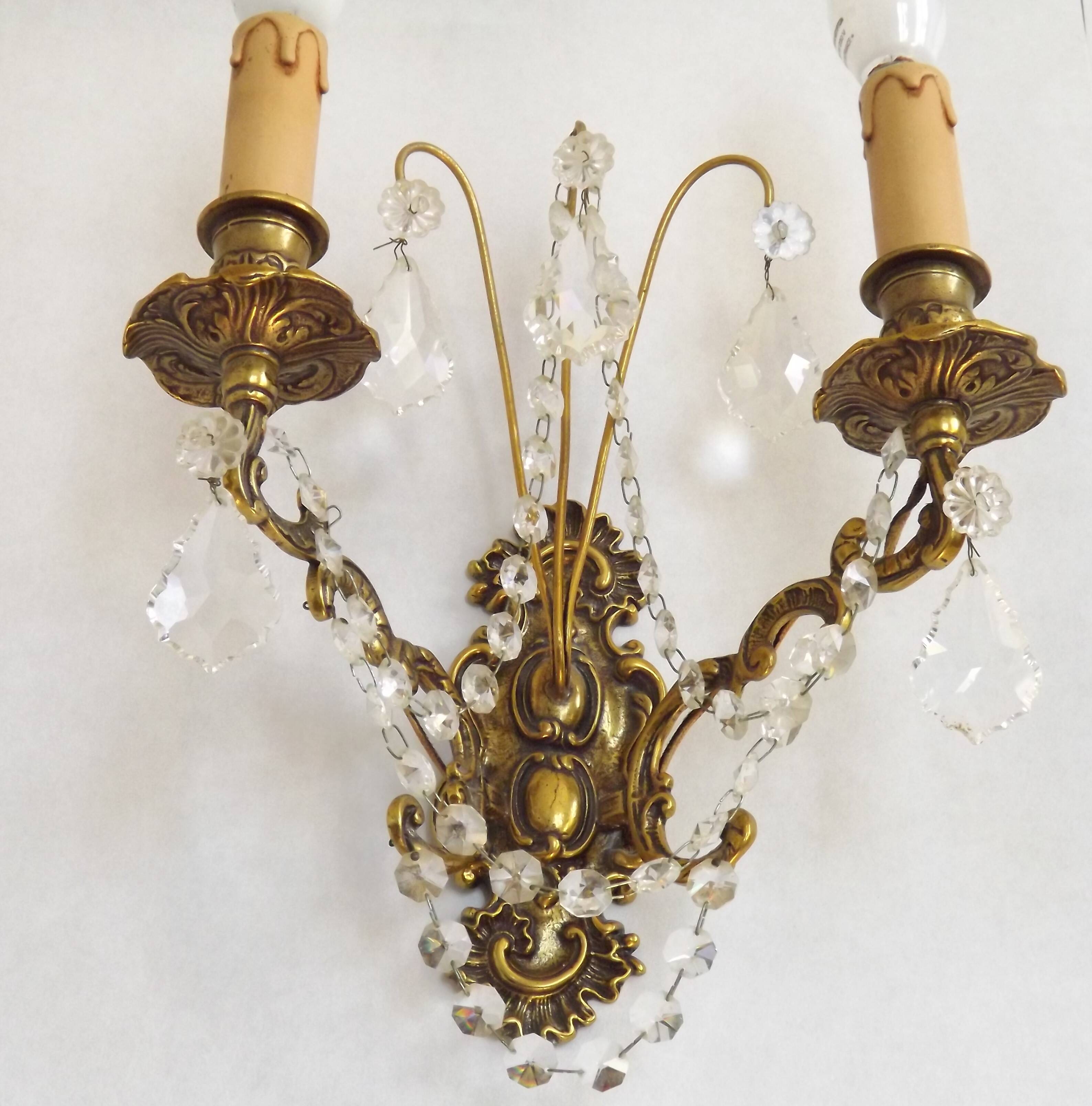 Pair of French Baroque Double Bronze Crystal Wall Lights Glass Bead Swags