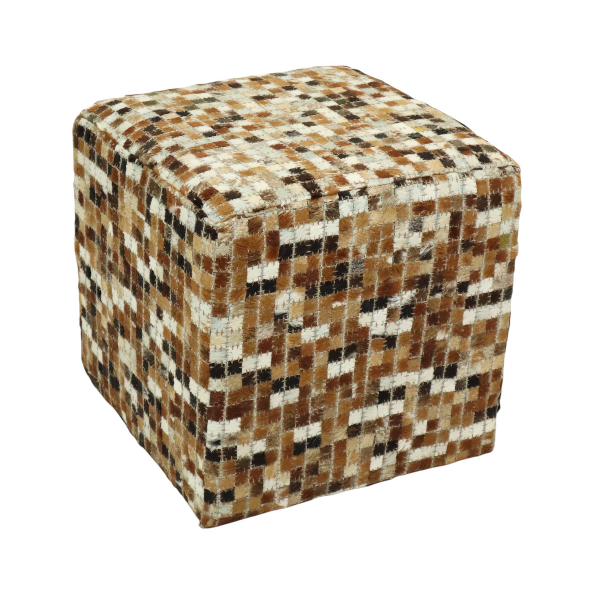 Vintage Square Pouf Goat Leather Patchwork Mosaic Pattern