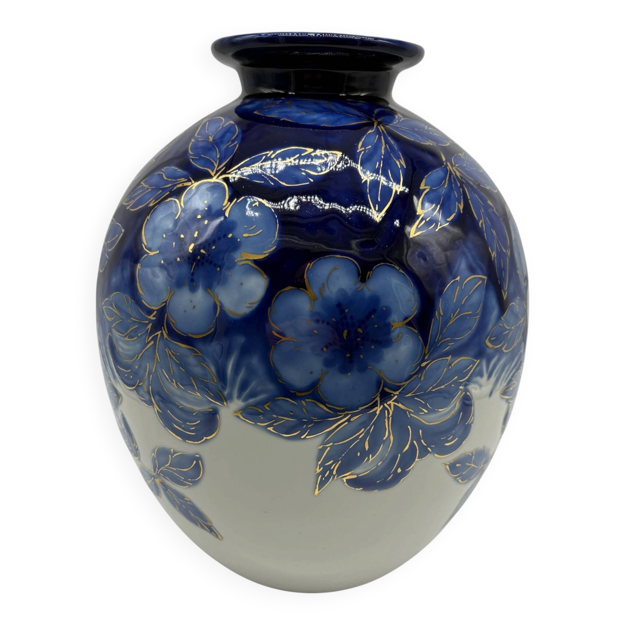 Large Tharaud Limoges vase in cobalt blue porcelain with floral decoration.