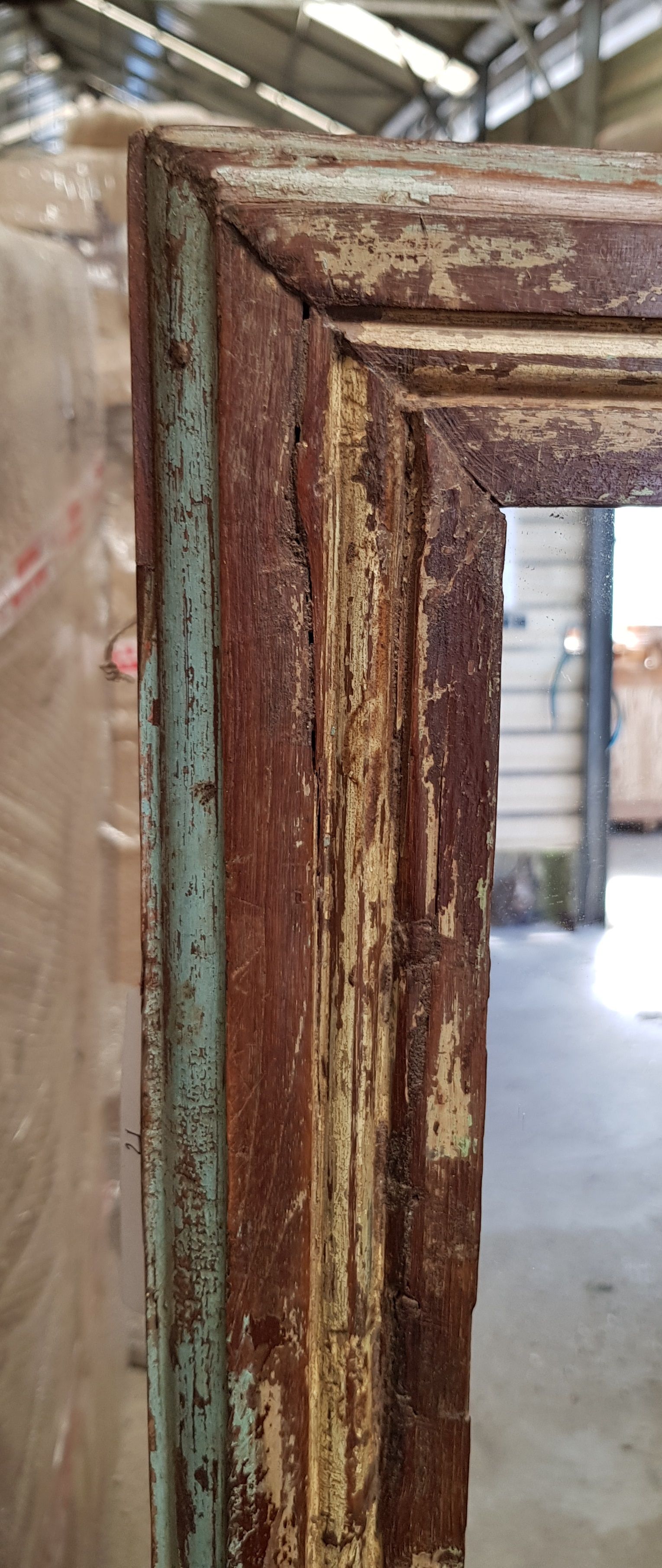 Old Burmese teak mirror with beautiful blue polychromy & original ecru 89x149cm