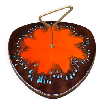 Antique multicolored ceramic cheese tray + vintage gold metal handle