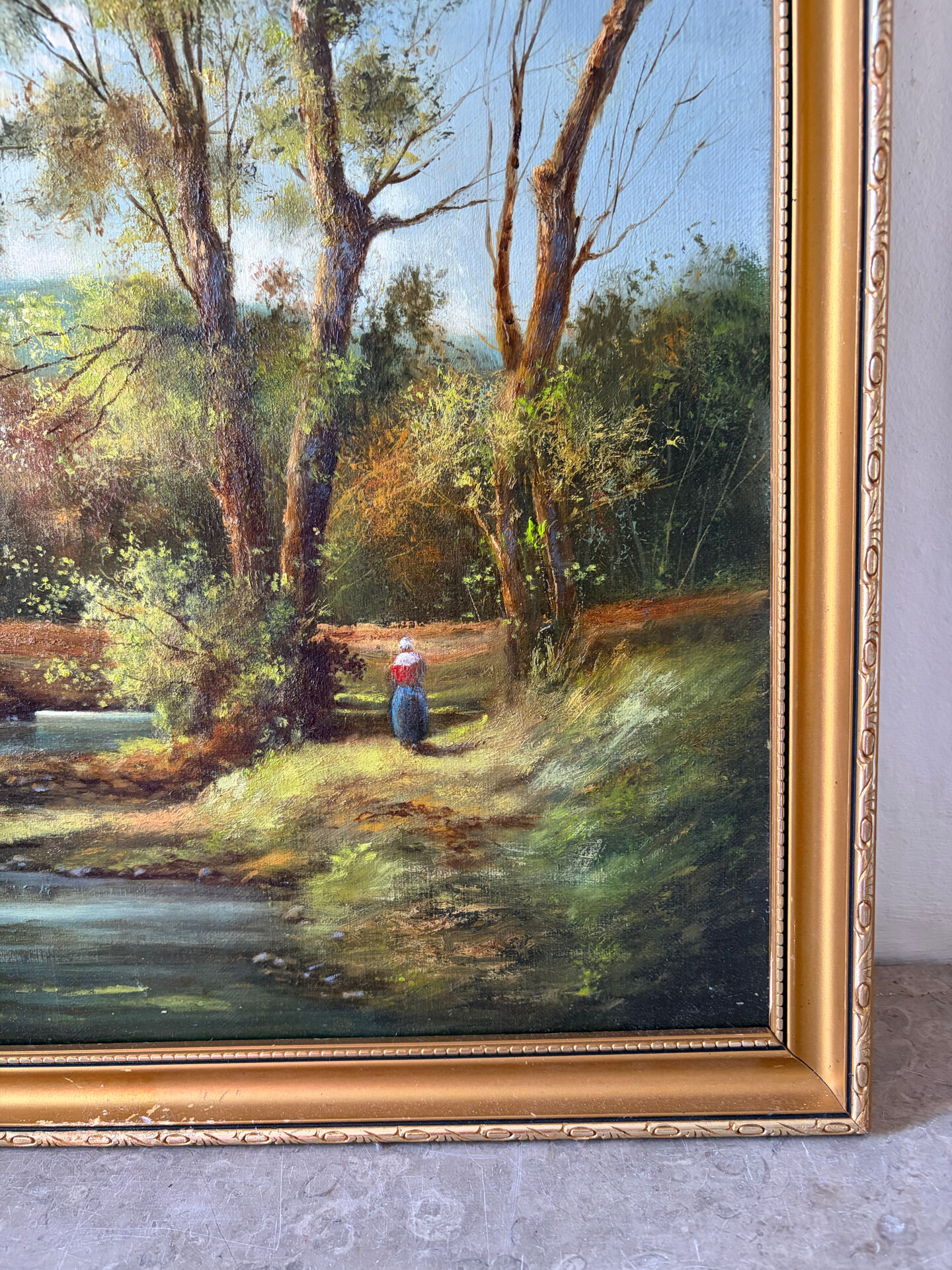 Balade au bord de la rivière, huile sur toile