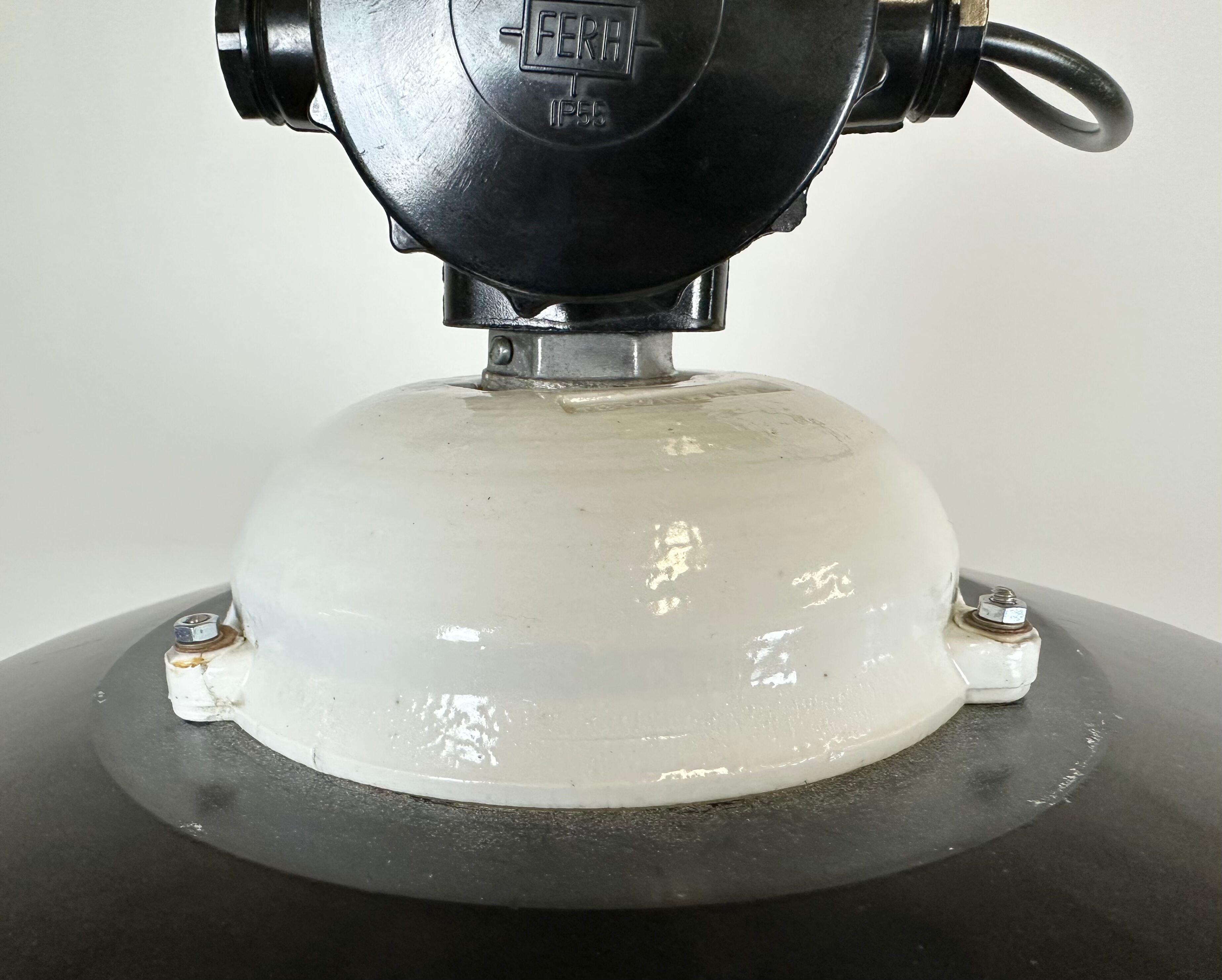 Industrial black enamel lamp with glass cover, 1950s
