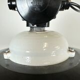 Industrial black enamel lamp with glass cover, 1950s