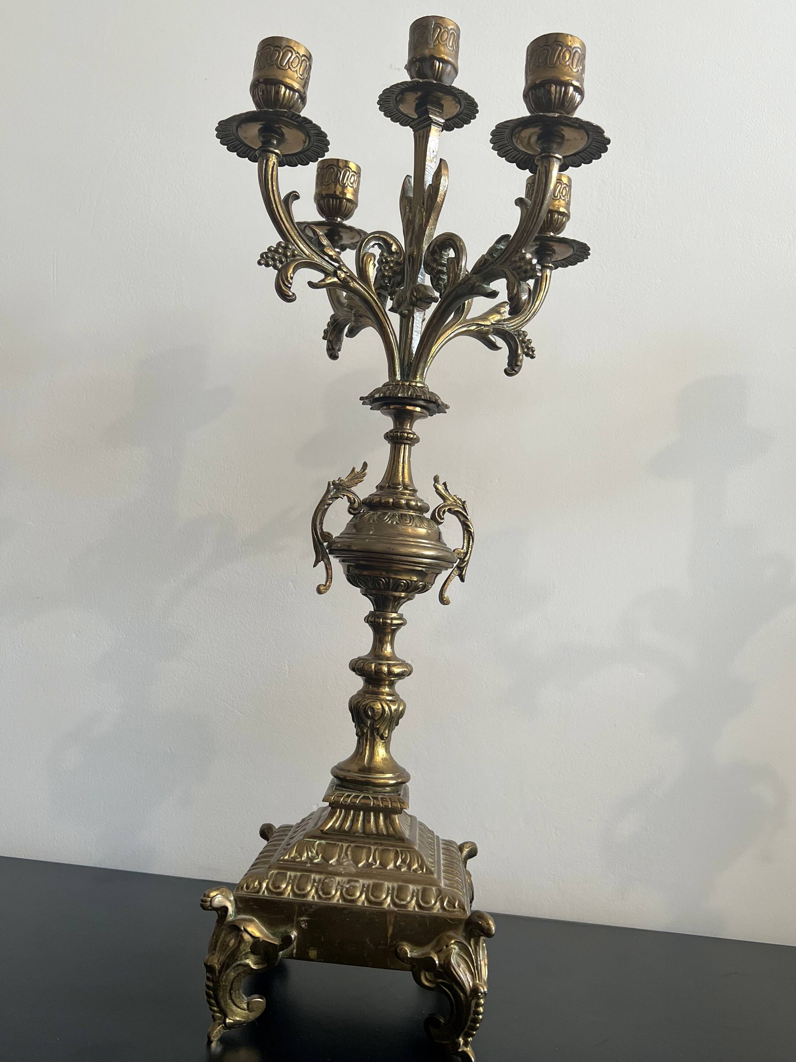 Pair of five-light gilded bronze candelabras, Napoleon III, 19th century.