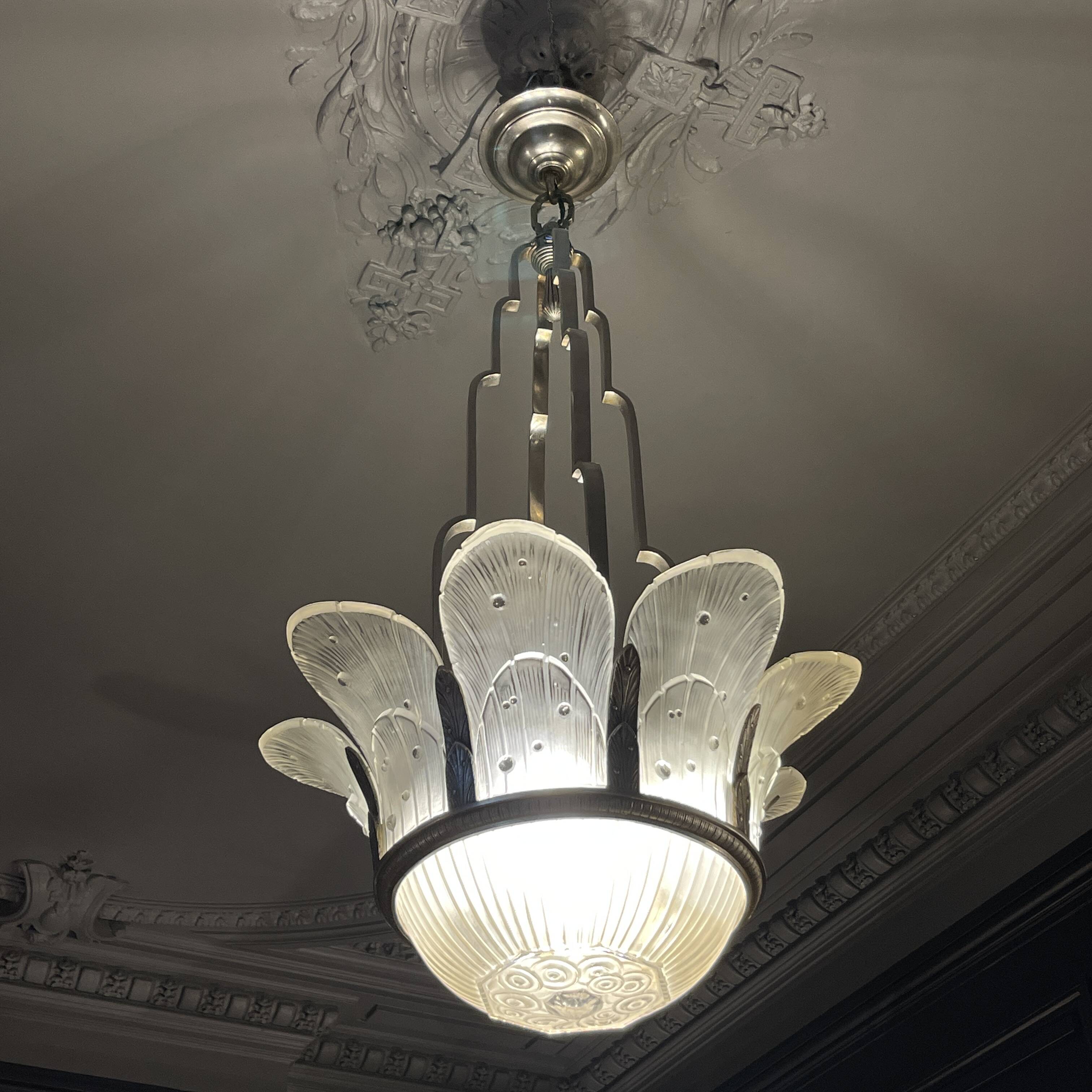 Art Deco Chandelier Sandblasted Pressed Glass, Nickel-plated Bronze 1930