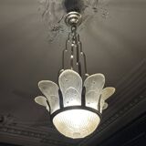 Art Deco Chandelier Sandblasted Pressed Glass, Nickel-plated Bronze 1930