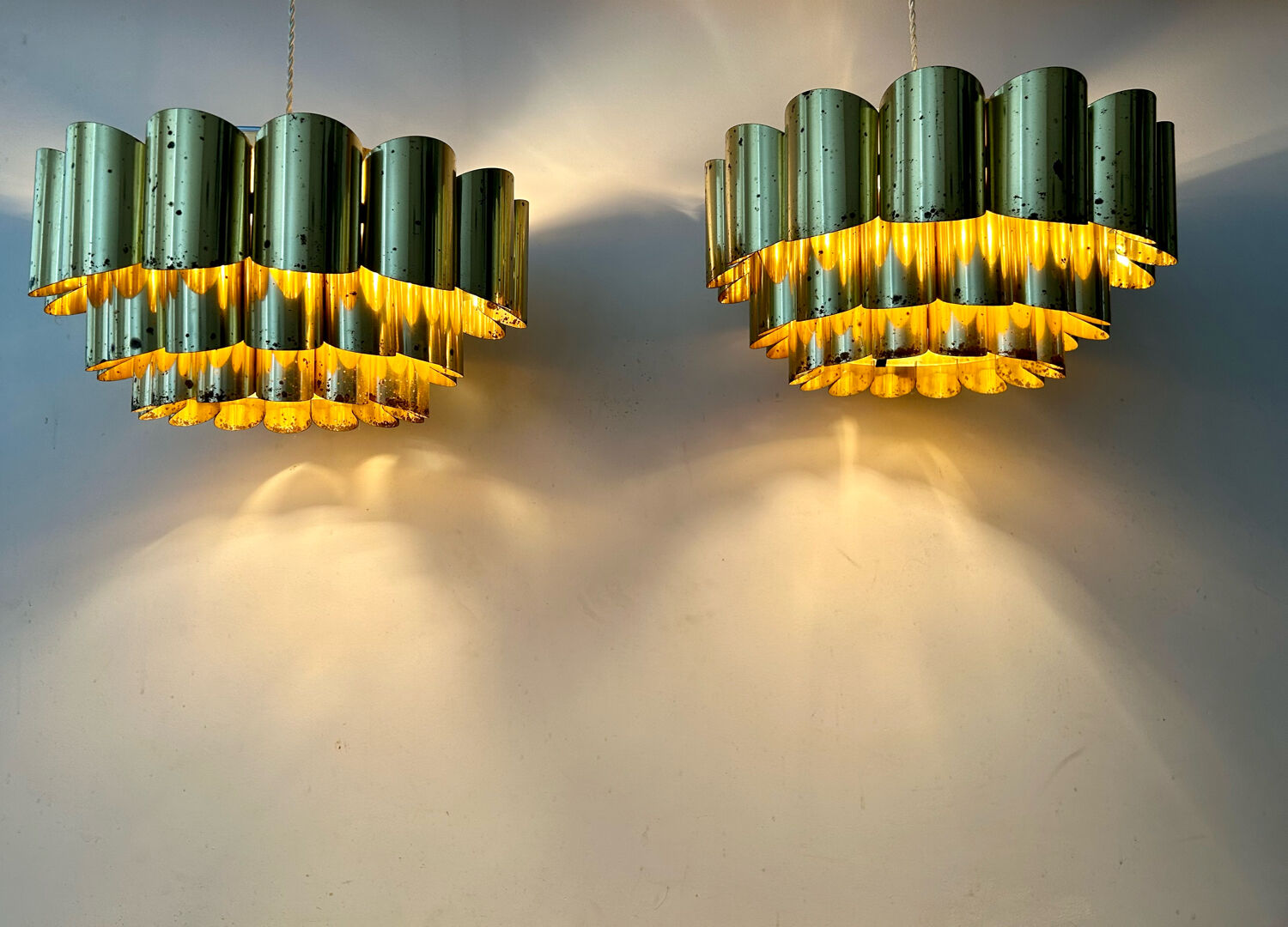 Pair of pendant lamps vintage Thorsten Orrling,solid brass, Suede 1960