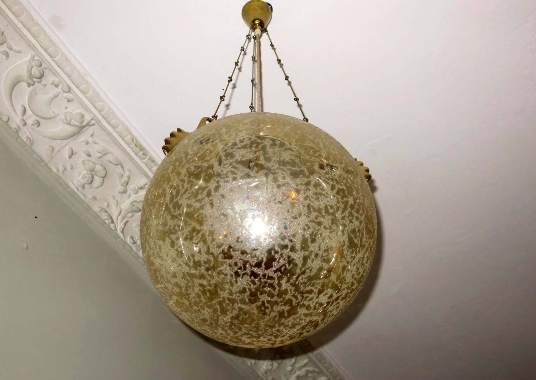 Doria Leuchten frosted glass and brass globe pendant light, 1970s