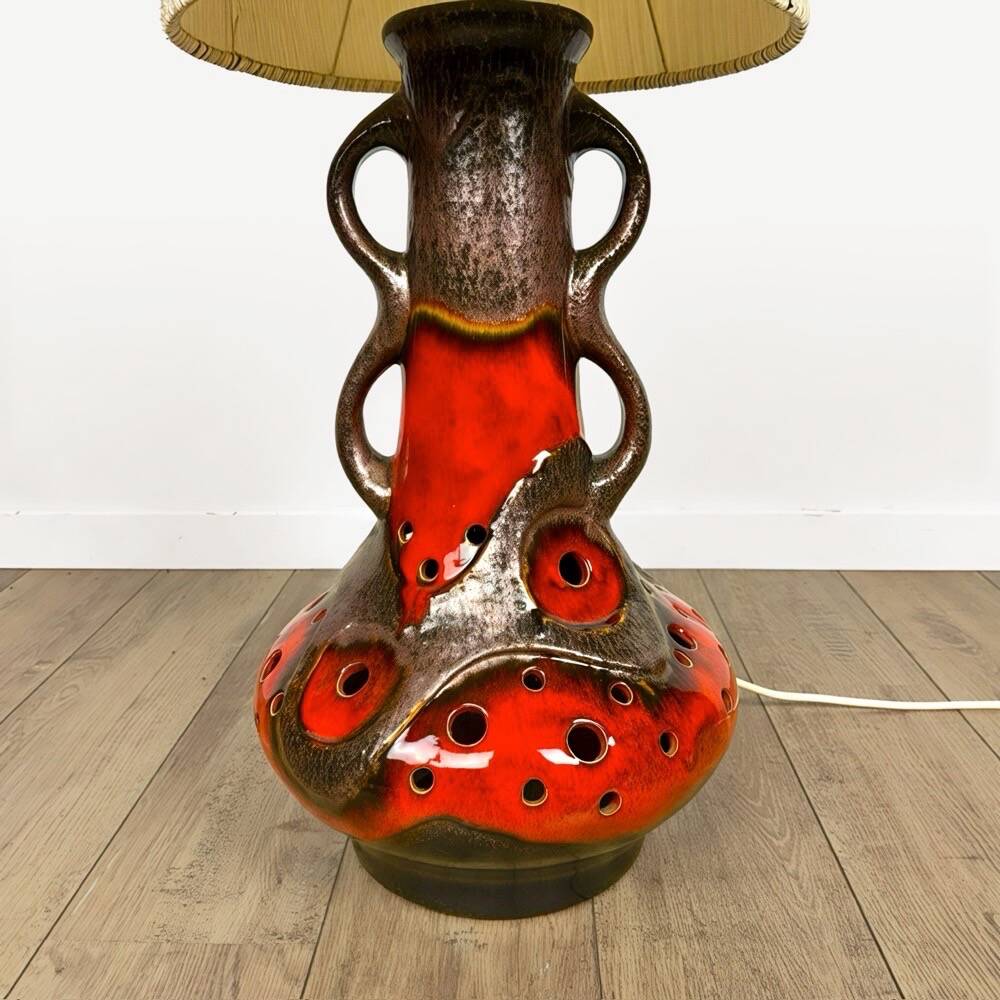 Orange ceramic sun lamp with jute fabric from the 1970s.