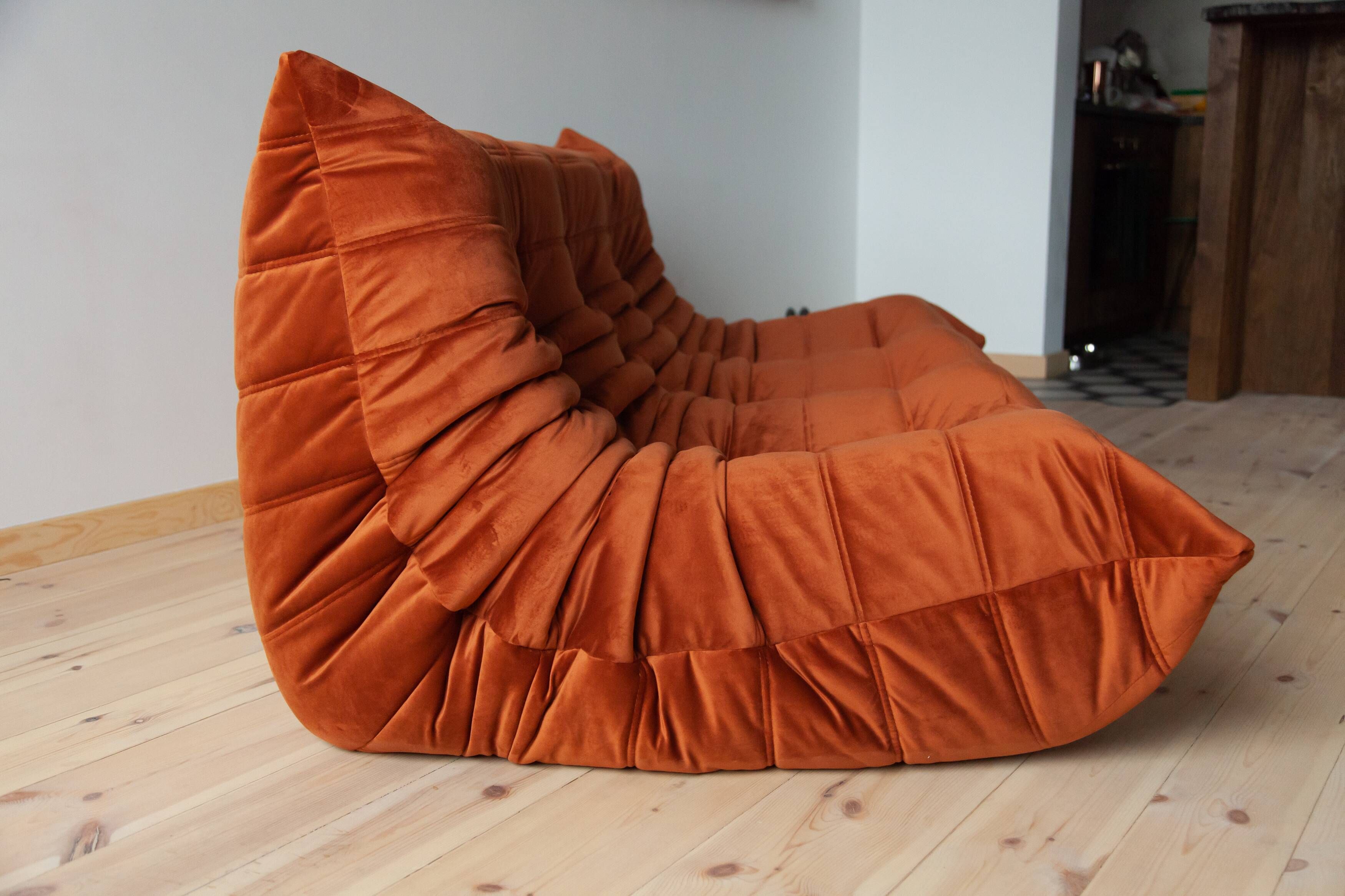 3-seater Togo dark amber velvet sofa designed by Michel Ducaroy 1973