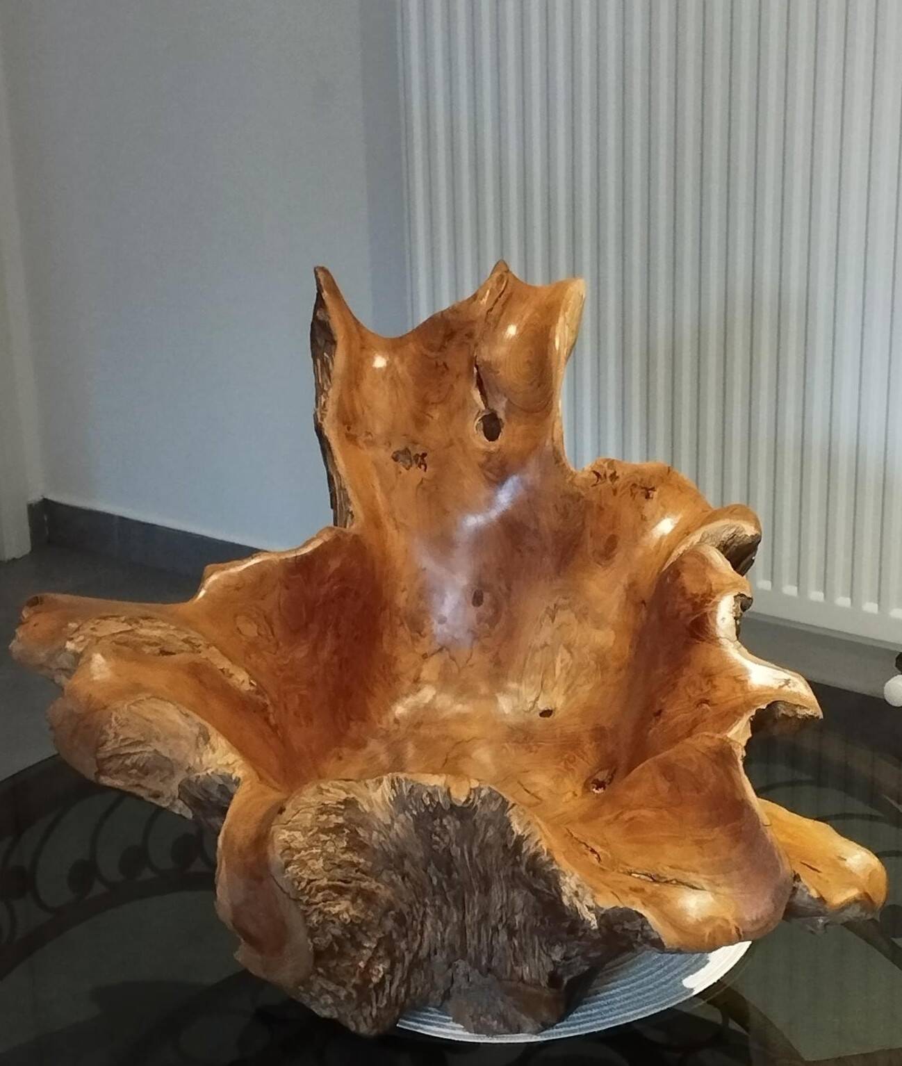 Sculptural wooden centrepiece, organic bowl, brutalist.