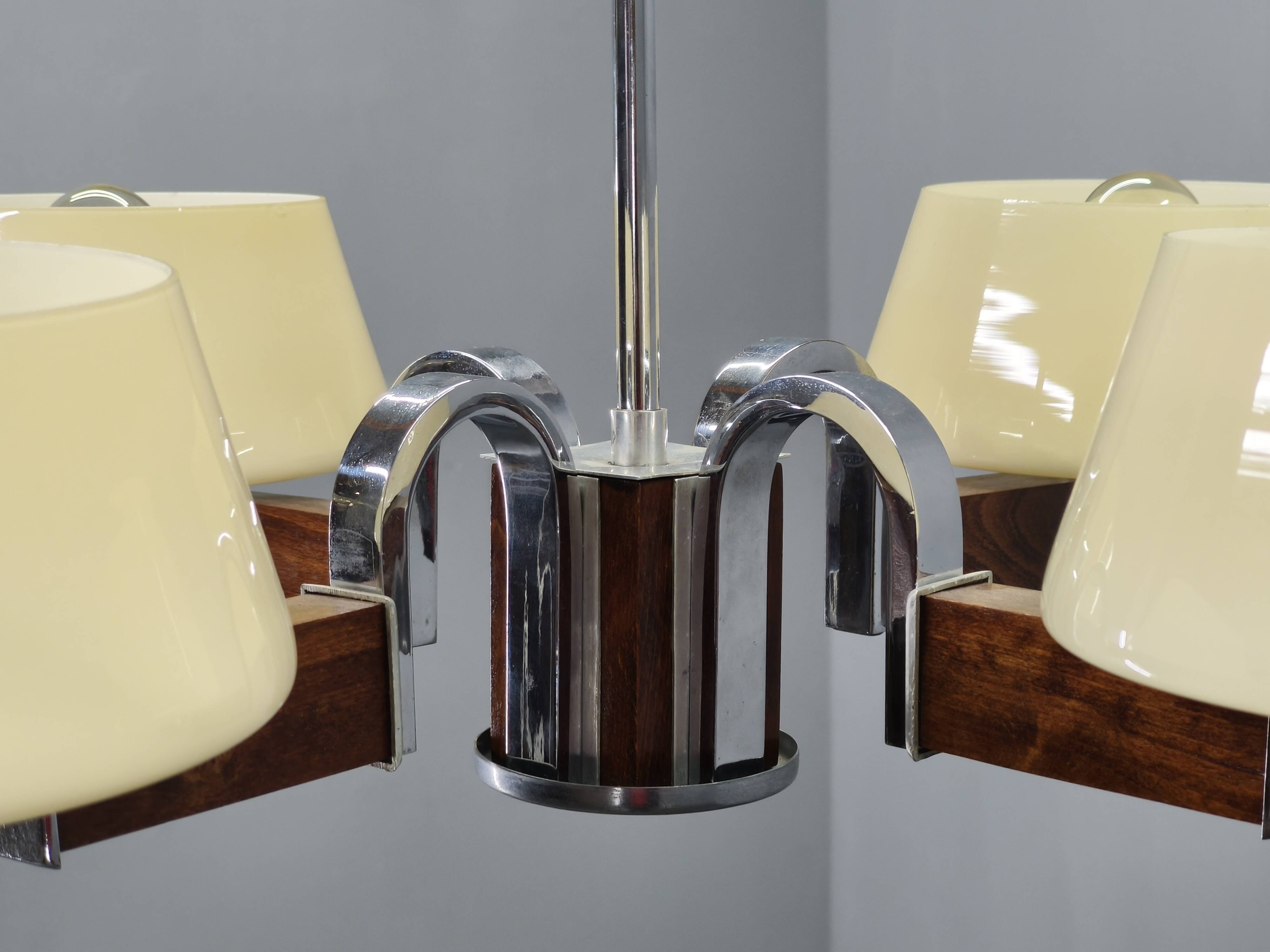 Art Deco Chandelier in Chrome, Wood and Glass, Czechoslovakia