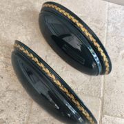 Set of two vintage wall sconces in pine green and gold.