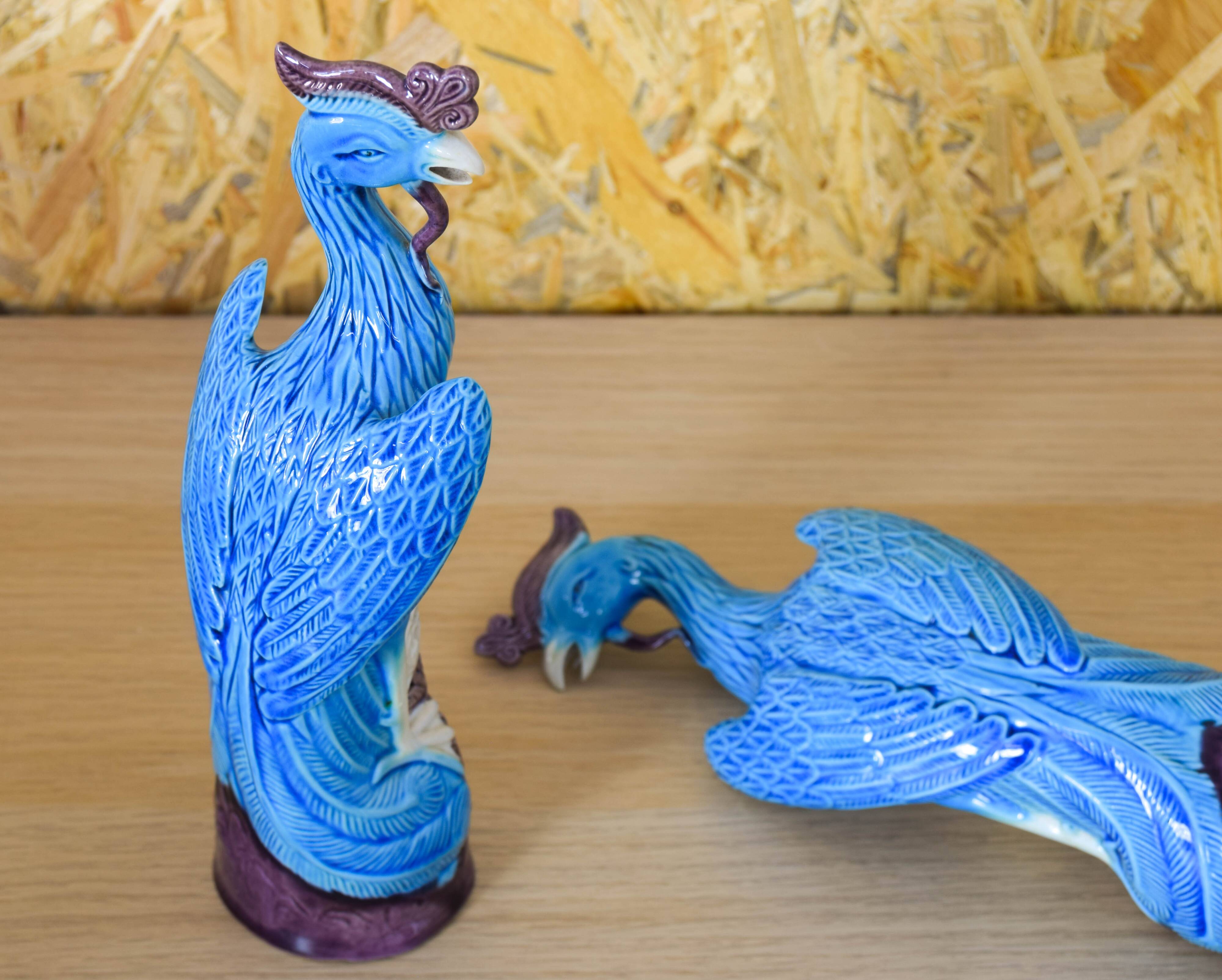 Mid Century Chinise Pair of Turquoise Porcelain Peacocks 50s