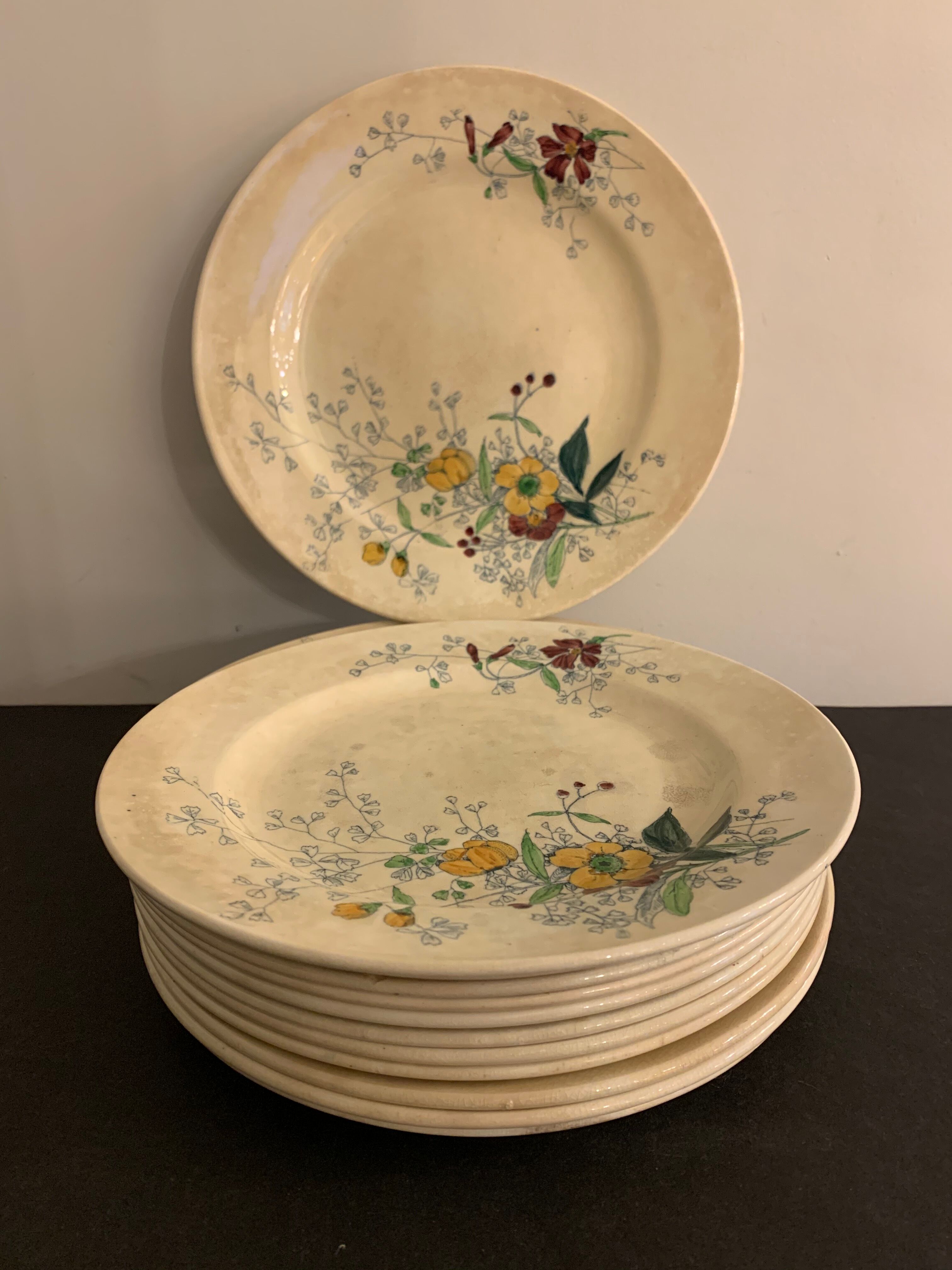 12 old polychrome flat plates Jules Vieillard Bordeaux, 19th century