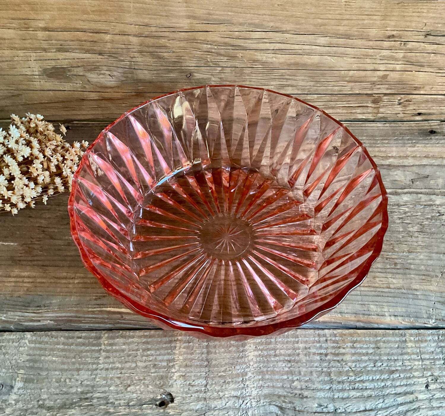 Cut glass salad bowl in pink glass