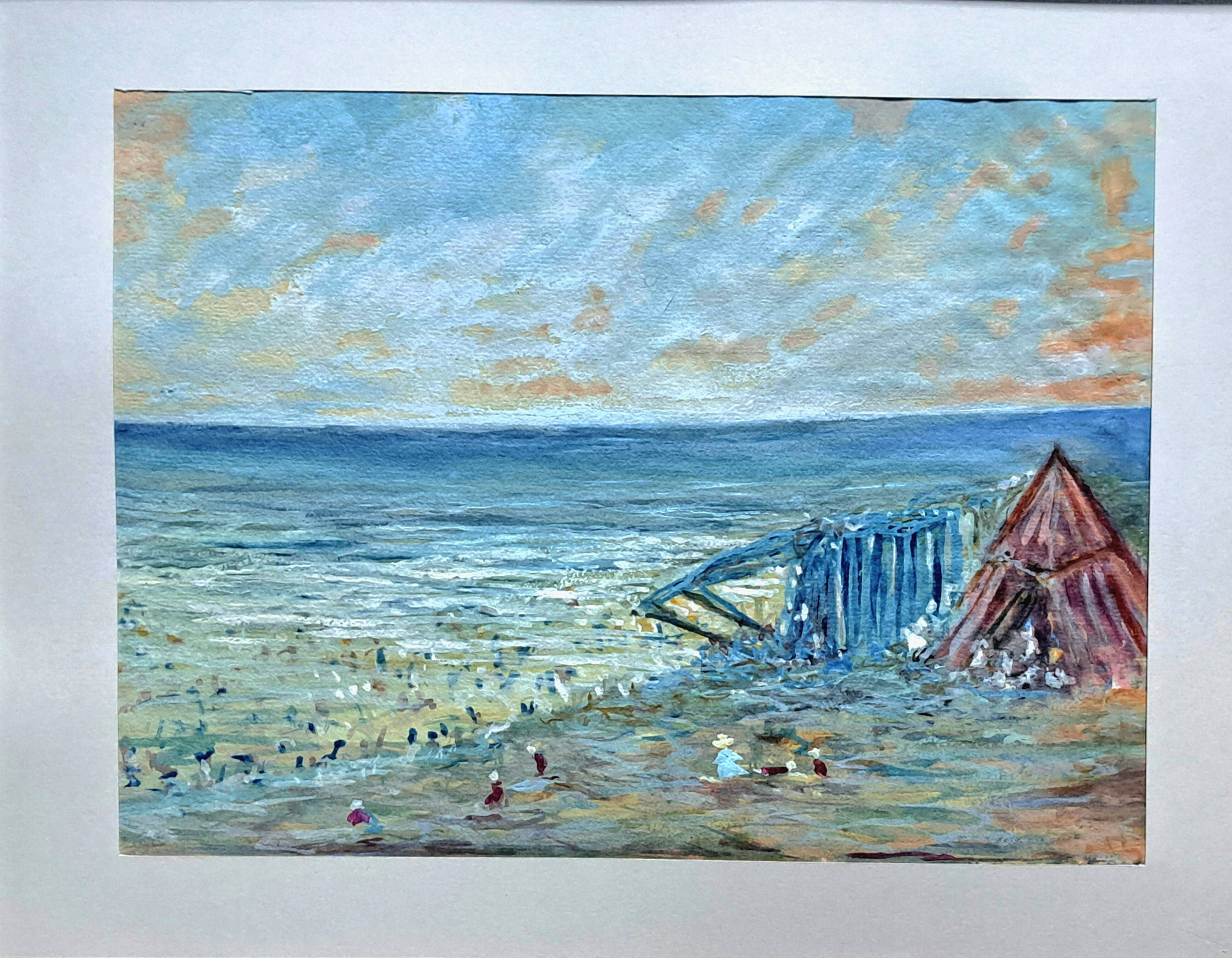 Tableau post-impressionniste à l'aquarelle "Plage de Guéthary" Pays Basque, 1920