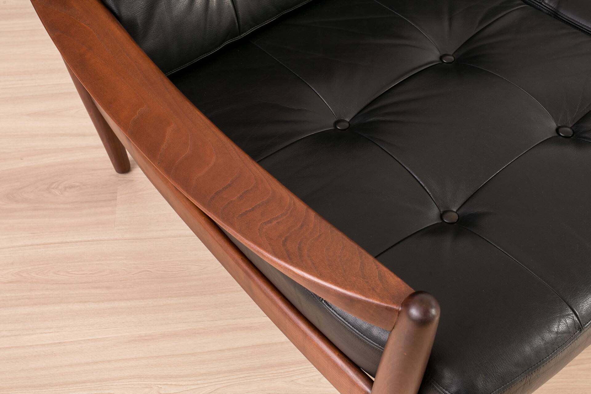 Scandinavian Three-Seat Sofa in Solid Wood and Black Leather, 1960s