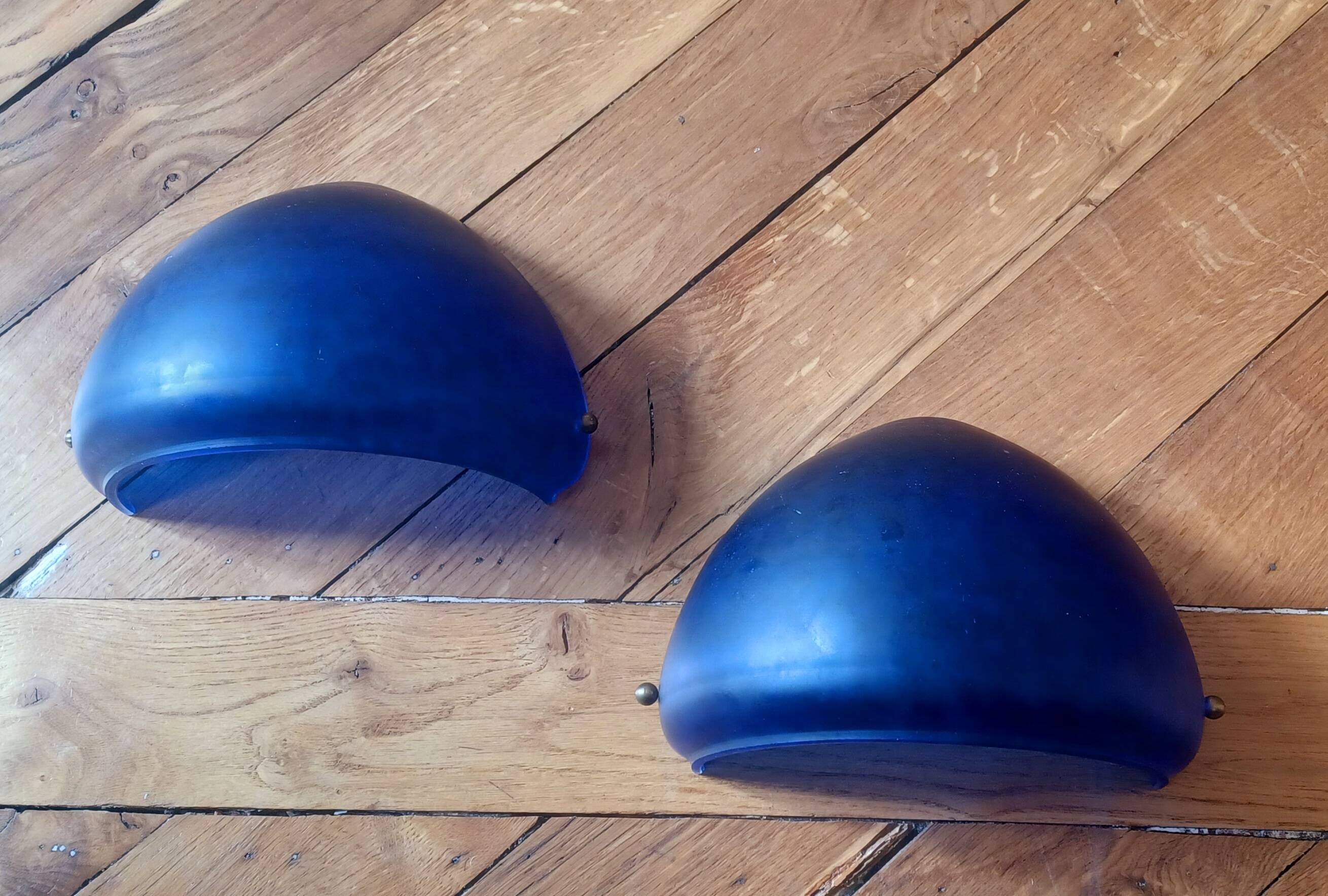 Sconces, signed, in satin blue glass paste from the 1930s