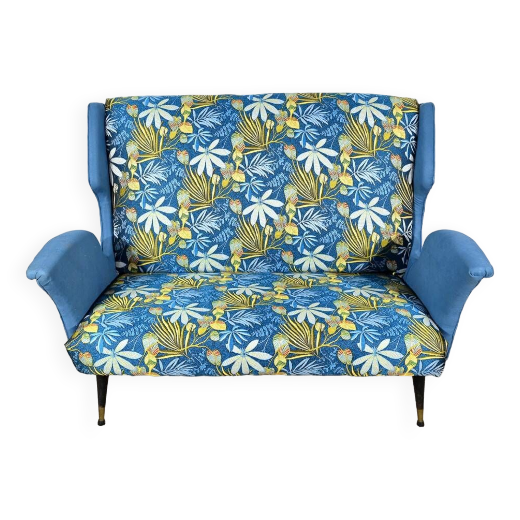 2-Seater Bench in Azure Blue Fabric – 1940s