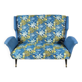2-Seater Bench in Azure Blue Fabric – 1940s