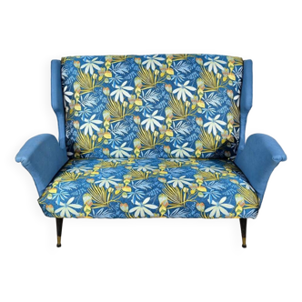 2-Seater Bench in Azure Blue Fabric – 1940s