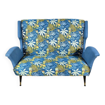 2-Seater Bench in Azure Blue Fabric – 1940s