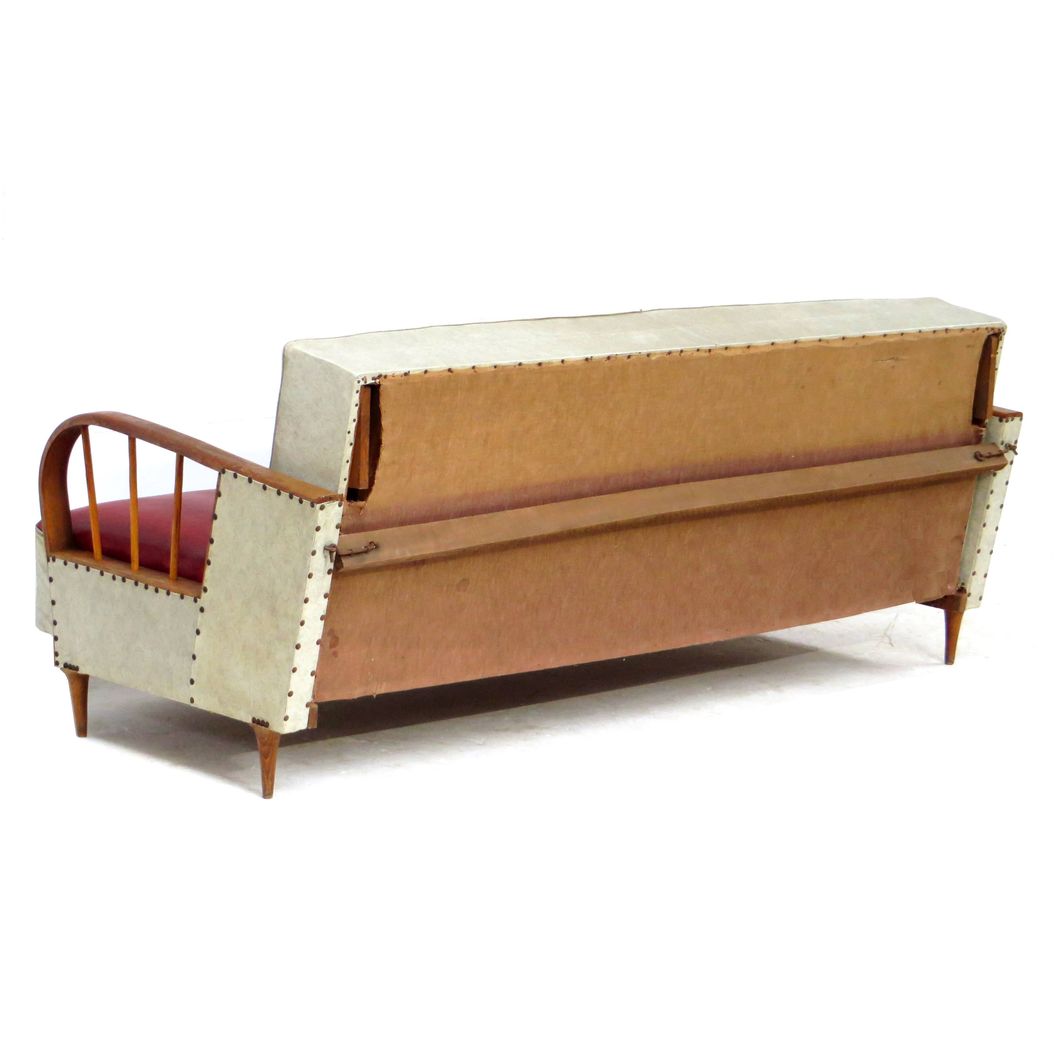1950s vintage mid century sofa bed in red & creme leatherette