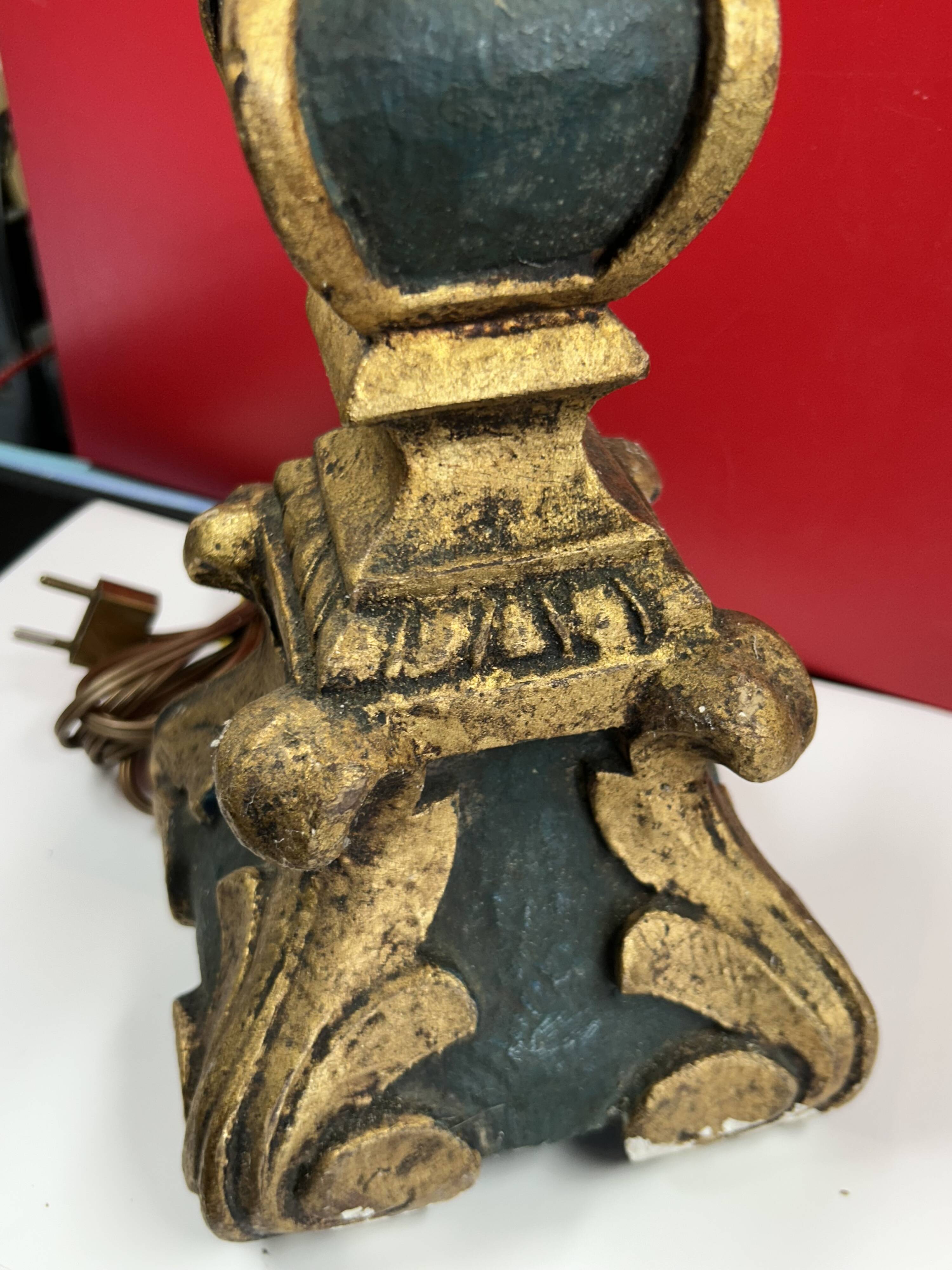 Large antique green and gold wooden lamp base, 66 cm high from the socket.