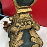 Large antique green and gold wooden lamp base, 66 cm high from the socket.