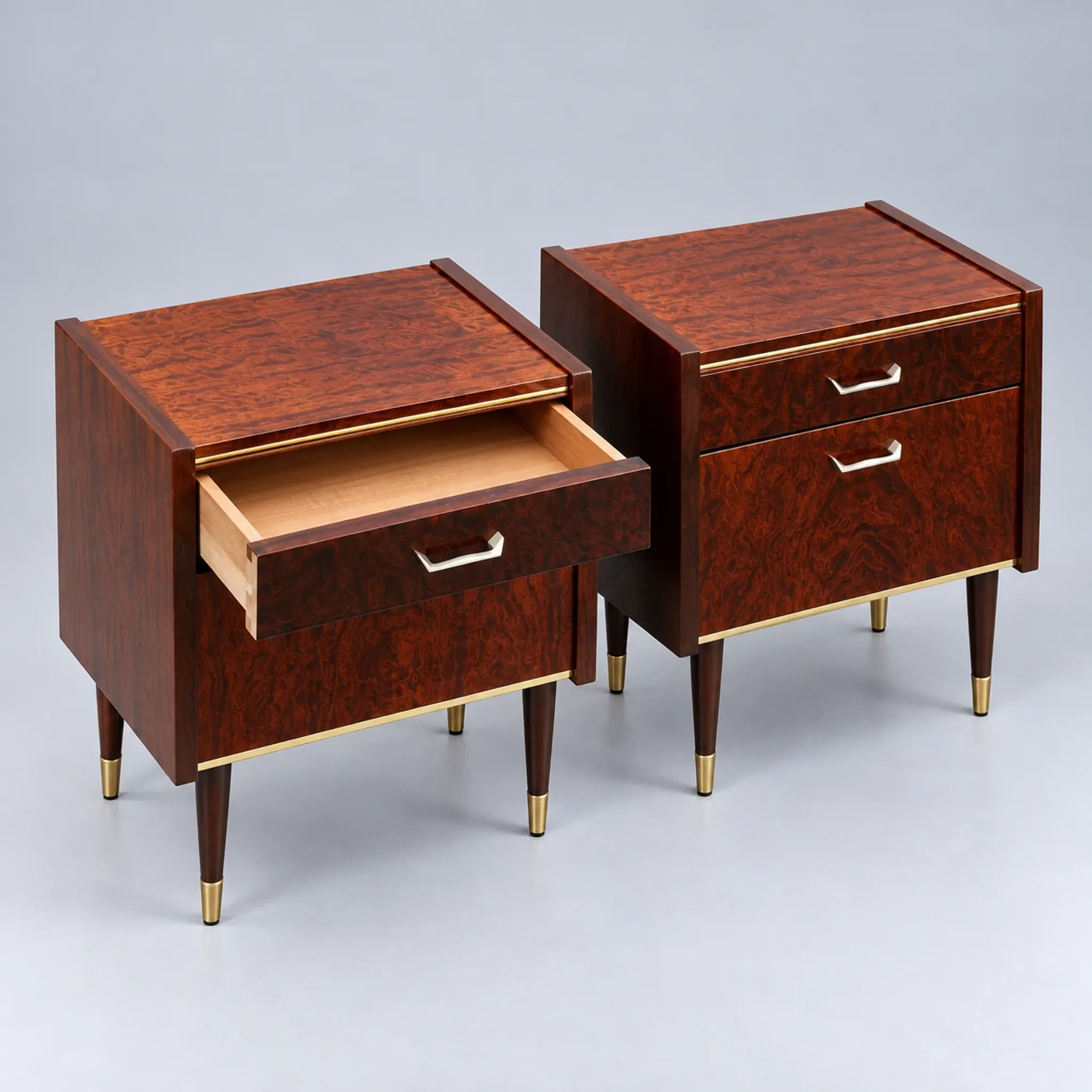 Set of 2 vintage design nightstands with brass details