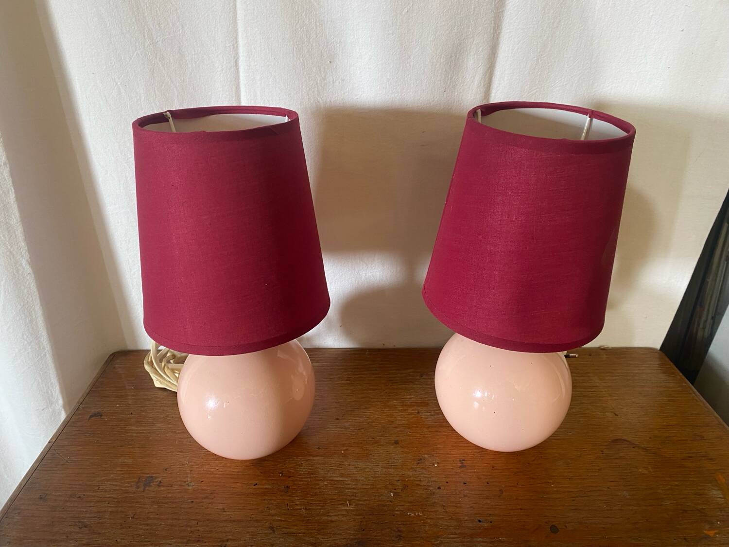Pair of antique de schuytener opaline pink ball vintage bedside lamps