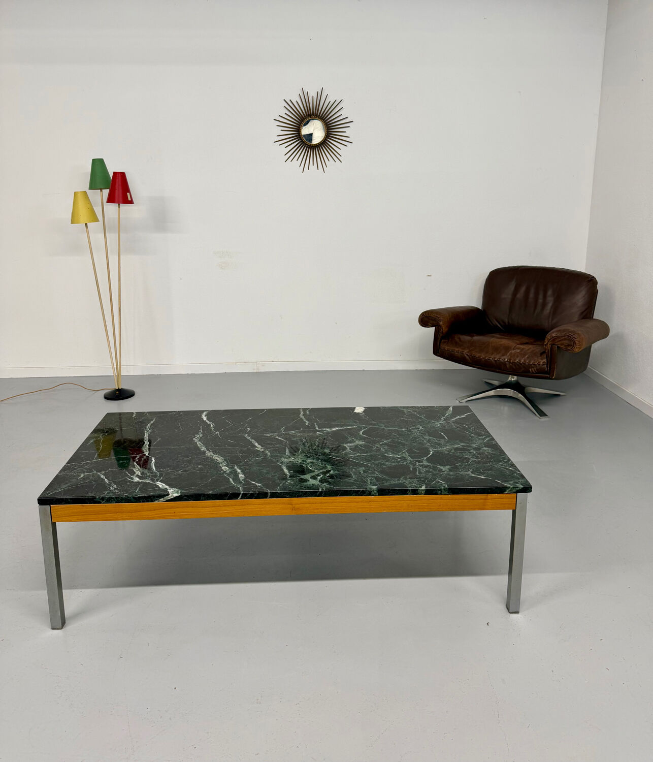 Vintage 1960s Italian design green marble and metal coffee table.