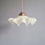 Art Deco pendant light in speckled green and white pleated glass, 1920s-30s.
