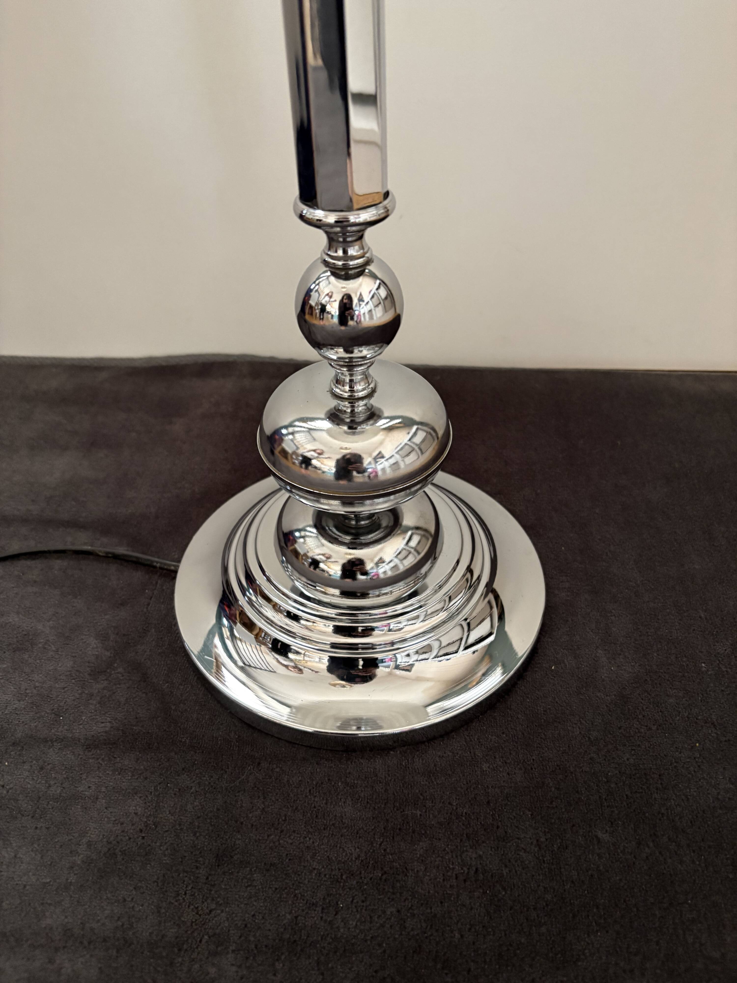 Large Art Deco table lamp, chrome base and satin glass globe.