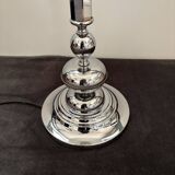 Large Art Deco table lamp, chrome base and satin glass globe.