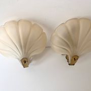 Pair of vintage shell glass wall lights, Art Deco style fixtures.