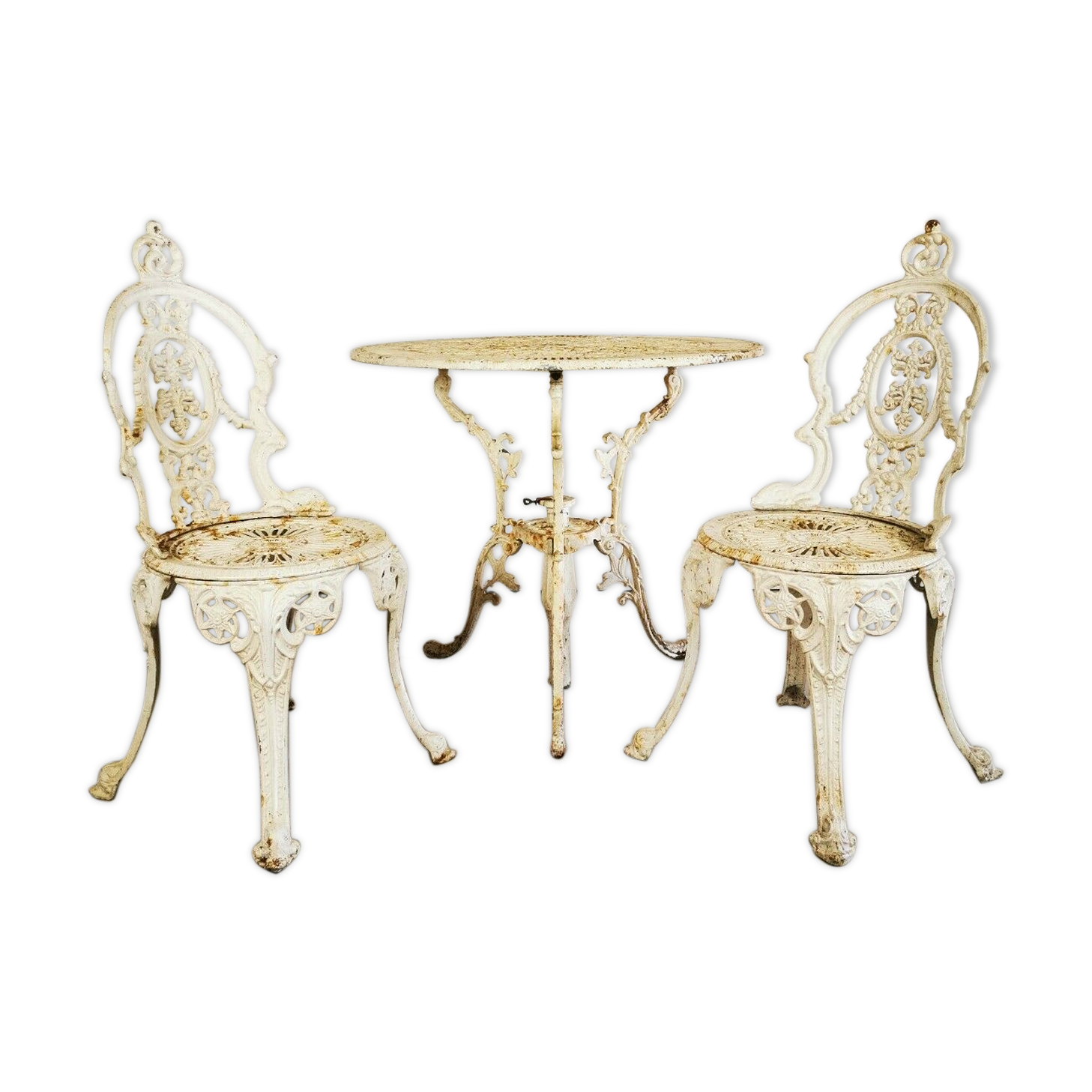 Vintage antique outdoor garden furniture cast metal table & 2 chairs