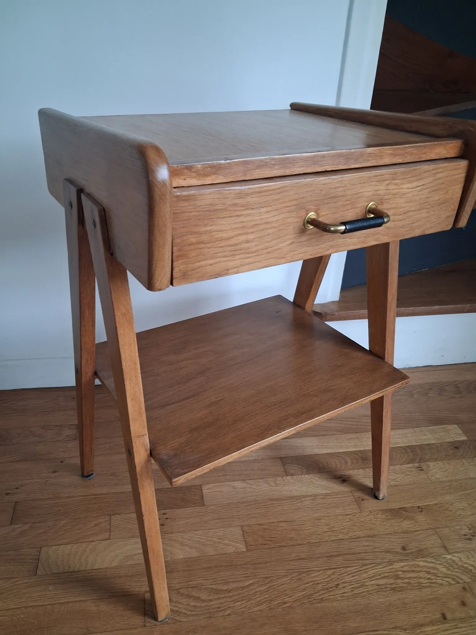 60s compass leg bedside table in light chain.