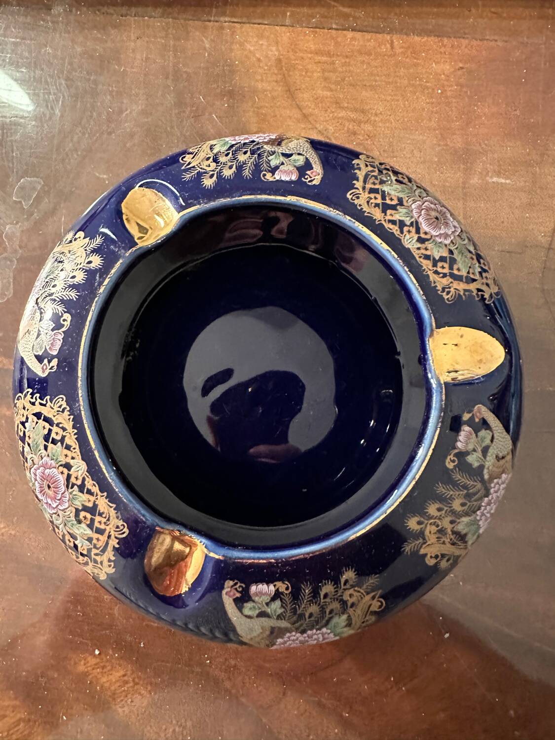 Cobalt Blue Enameled Ashtray, Golden Peacock and Floral Decor - Vintage Italy