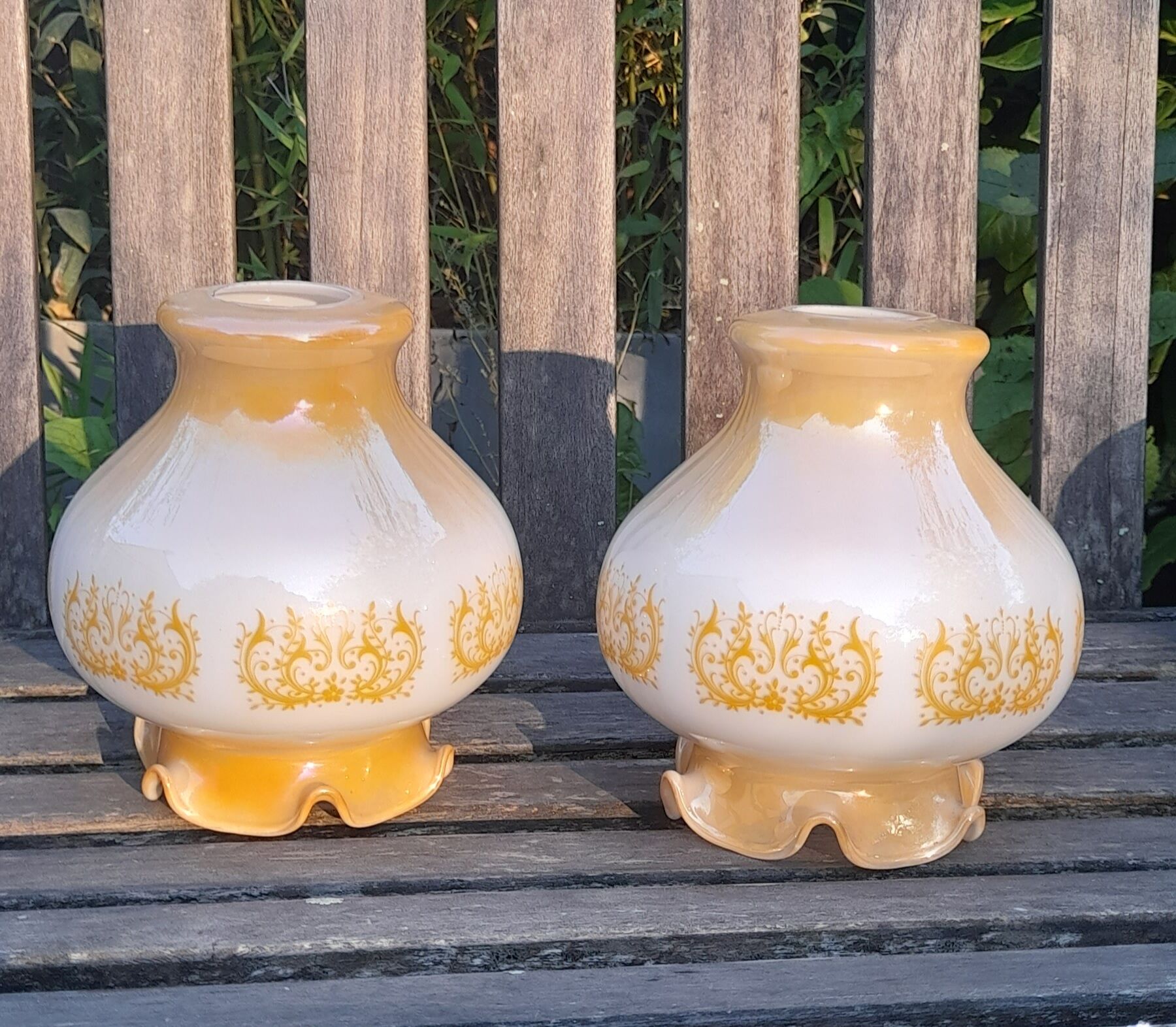 Duo of orange opaline tulip globes for suspension, art deco