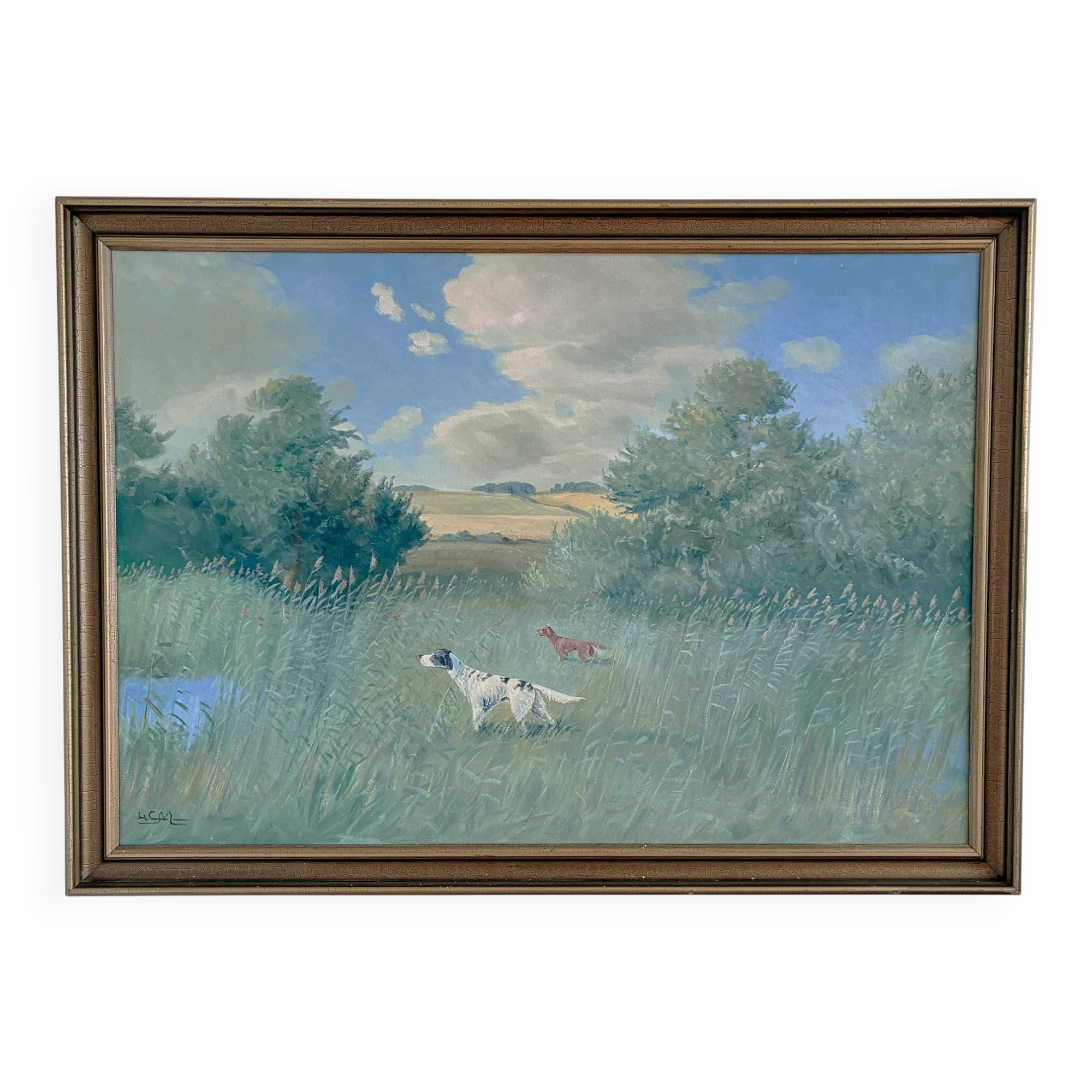 Large vintage original landscape dog oil painting