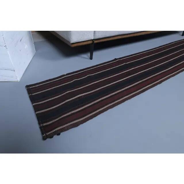 Vintage Turkish Hand-Knotted Wool Cotton Red Kilim Runner Rug 46x321