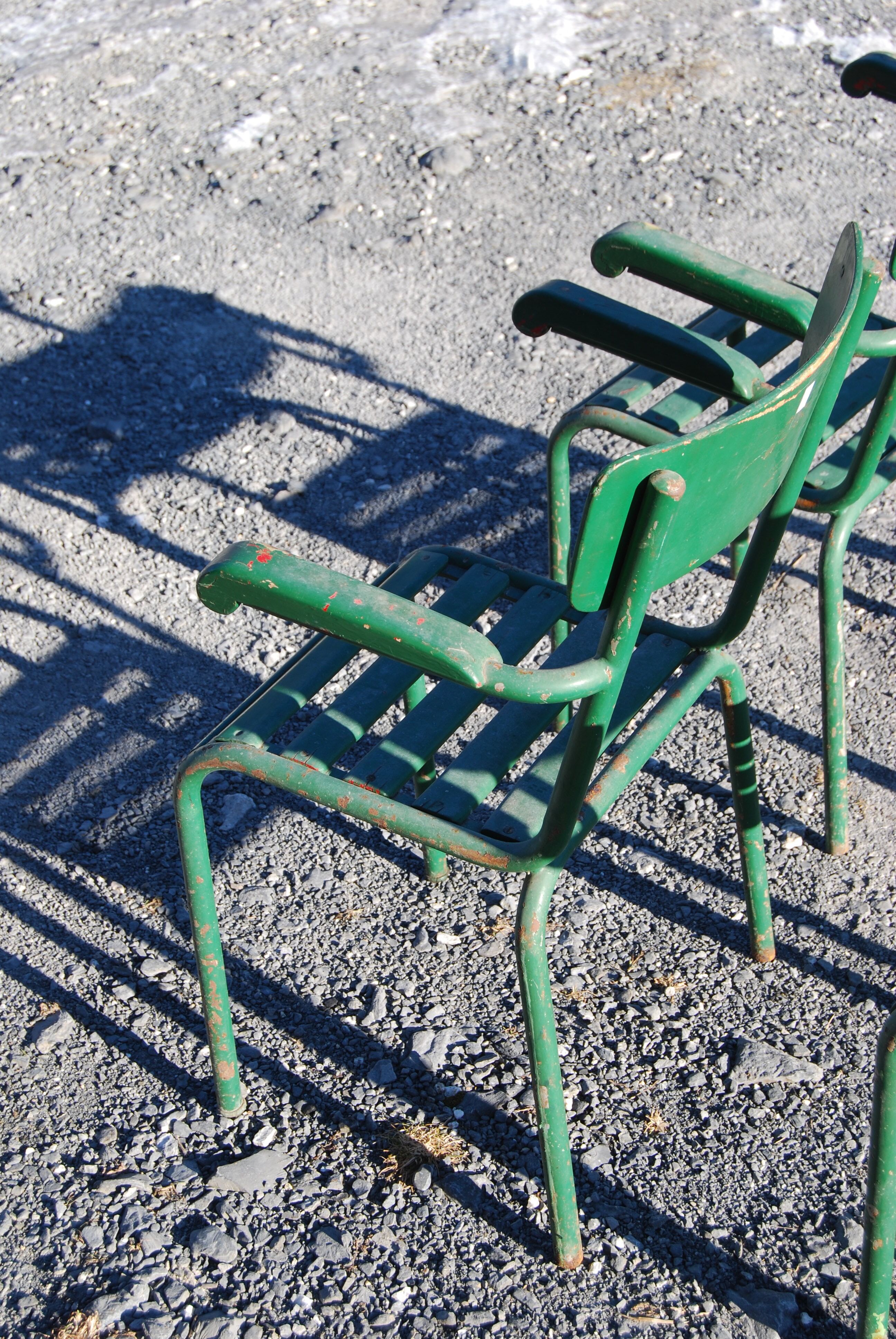 4 stackable garden armchairs wooden slats and metal tubes from the 50s
