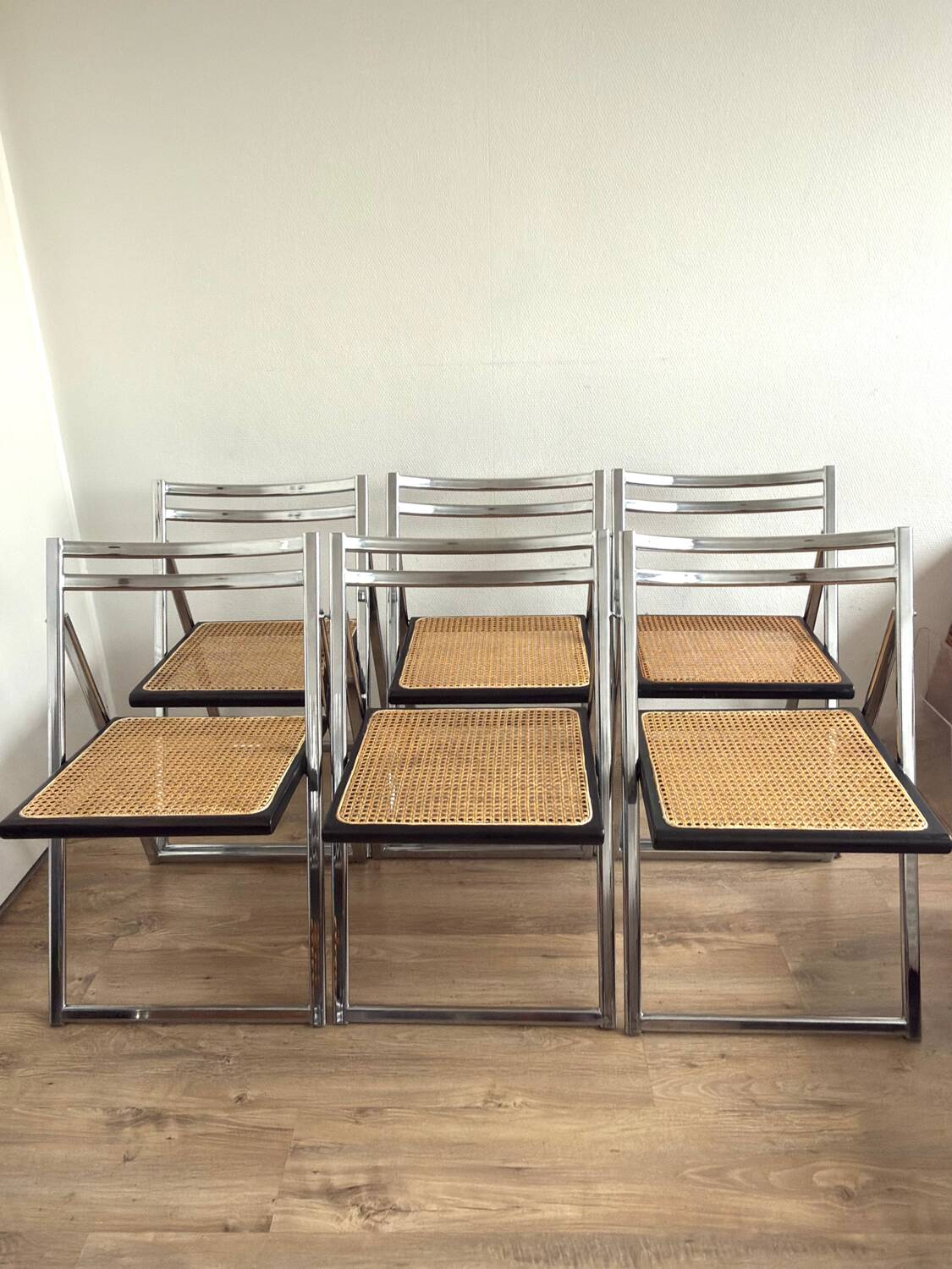 Set of 6 Italian chairs in chrome and cane.